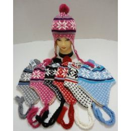 72 Wholesale Knit Cap With Ear Flap And PompoM-Snowflakes