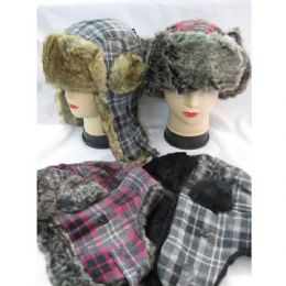 60 Pieces Winter Plaid Pilot Hat With Heavy Faux Fur - Trapper Hats