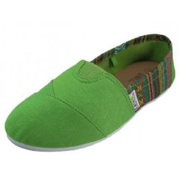 36 Wholesale Ladies Tom Like Canvas Flat -With Indian Print Green Color Only