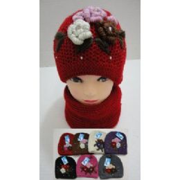 36 Pieces Hand Knitted Fashion Hat & Scarf SeT--5 Flowers And Rhinestones - Winter Sets Scarves , Hats & Gloves
