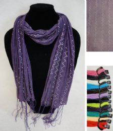 12 Wholesale Sheer Scarf With FringE--Solid Color With Zigzag Sparkle
