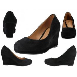 12 Wholesale Women's Microsuede Wedge Heel Black Color Only