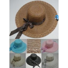 48 Pieces Ladies Woven Summer HaT--Long Polka Dot Bow [speckled Edge] - Sun Hats