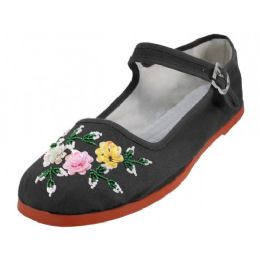 48 Wholesale Women's Cotton Mary Jane With Sequin (black Color Only)