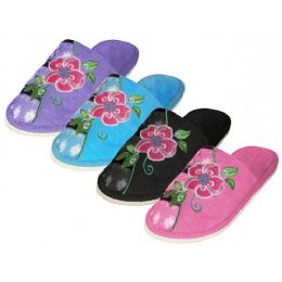 48 Wholesale Women's Satin Upper With Embroidered Floral House Slippers