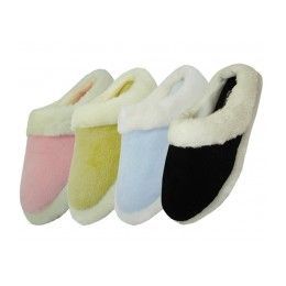 48 Pairs Women's Solid Color Velour With Fur Cuff - Women's Slippers