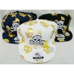 48 Wholesale Fitted Cap Gold Foil Skull Flat Hats