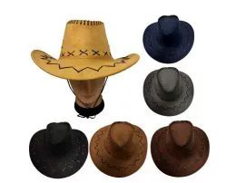 48 Wholesale Cowboy Hats Suede Leather Look Assorted Colors
