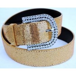 48 Pieces Rhinestone Buckle Gold Sparkle Belt - Womens Belts