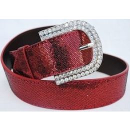 48 Pieces Rhinestone Buckle Red Sparkle Belt - Womens Belts