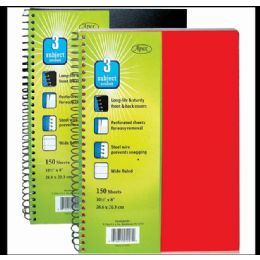 24 Wholesale Poly Cover 3 Subject Notebook 150 Shts W/ Pockets Asst., Wide Ruled