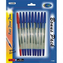48 Wholesale Bonus 10 Pk Ball Point Pen - ( 9 Blue + 1 Red)