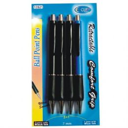 48 Wholesale Comfort Grip Ball Point Pen 4pk - Bonus Pack (3black+1 Blue) .7mm