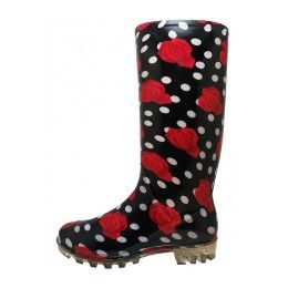 18 Wholesale 13 1/4 Inches Women's Black Red Roses Printed Rain Boots Size 5-10