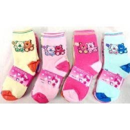 96 Wholesale Bear Girl Socks Size 4-6 & 6-8 Assorted Colors