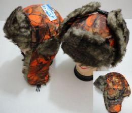 24 Pieces Aviator Hat With Fur Trim, Orange Camo - Trapper Hats
