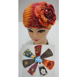 12 Pieces Wide Hand Knitted Ear Band W/ Flower [multi W/ Sequins] - Fashion Winter Hats