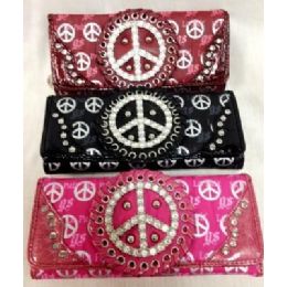 12 Pieces Rhinestone Peace Sign Wallets Assorted Colors - Wallets & Handbags