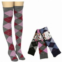 48 Units of Women Over The Knee Plaid Print Assorted Colors - Womens Over the knee sock