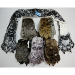 12 Units of Faux Fur Animal Scarf With Paw Gloves - Winter Sets Scarves , Hats & Gloves