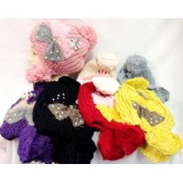 24 Wholesale Large Bow Knit Lady Winter Cap Hats Assorted Colors