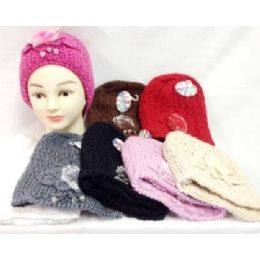 24 Wholesale Knit Girl Cap Hats With A Fur Ball And Beads