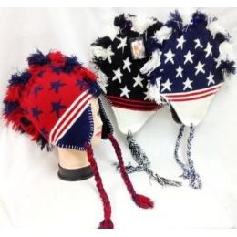 48 Wholesale American Flag Colored Mohawk Knit Hats With Ear Flaps