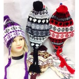 60 Wholesale Knit Peace Sign Winter Hats With Ear Flaps