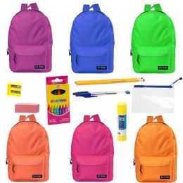 24 Pieces 17" Backpacks With 12 Piece School Supply Kit - In 6 Assorted Colors - School and Office Supply Gear