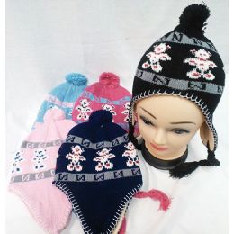 48 Wholesale Knit Girl's Bear Winter Hats With Ear Flaps