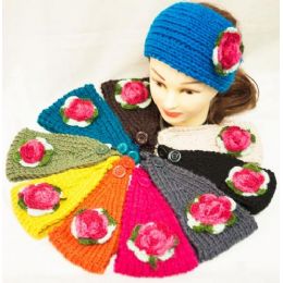 48 Bulk Knit Flower Headband Green Leaf With Pink Flower