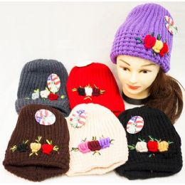 36 Wholesale Knit Winter Lady Hats With Flowert Assorted Colors