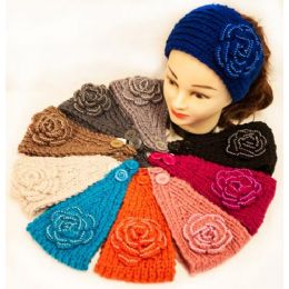 36 Bulk Knit Flower Headband Solid Color Design With Pearls