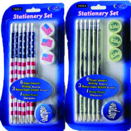 72 Wholesale Us Flag $ Dollar Fun Stationery Set: 6 Pencils, 3 Erasers,