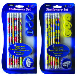 72 Wholesale Smiley $ Sports Fun Stationery Set Set: 6 Pencils, 3 Erasers, 1