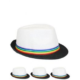 24 Wholesale White Trilby Fedora Straw Hat With Rainbow Strip Band