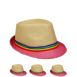 24 Wholesale Trilby Fedora Straw Hat With Rainbow Strip Band