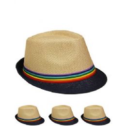 24 Bulk Brown Trilby Fedora Straw Hat With Rainbow Strip Band