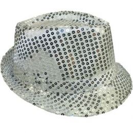 24 Wholesale Sparkling Silver Sequin Trilby Fedora Party Hat