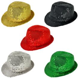 24 Wholesale Sparkling Sequin Trilby Fedora Party Hat Set Mix Color