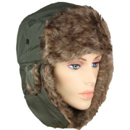 36 Wholesale Pilot Hat In Green With Faux Fur Lining And Strap