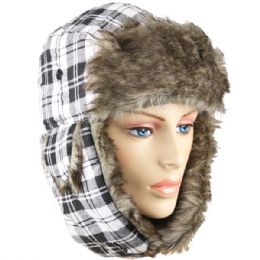24 Wholesale White Plaid Winter Pilot Hat With Faux Fur Lining And Strap