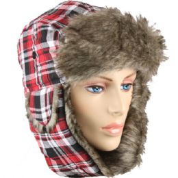 12 Units of Red Plaid Winter Pilot Hat With Faux Fur Lining And Strap - Trapper Hats