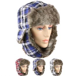48 Wholesale Assorted Plaid Winter Pilot Hat With Faux Fur Lining And Strap