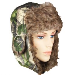 36 Wholesale Camo Colored Winter Pilot Hat With Faux Fur Lining And Strap