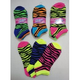 60 Wholesale Neon Zebra Stripe 3 Pack Ladies Ankle Sock