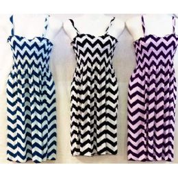 24 Wholesale Simple Strap Chevron Print Dress Assorted Color