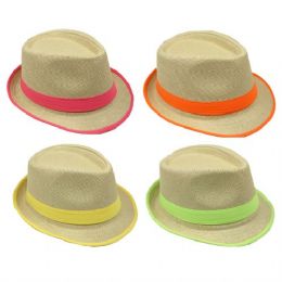 24 Wholesale Trilby Straw Fedora Hat With Neon Color Strip Band