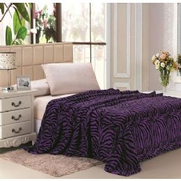 12 Units of Zebra Purple Microplush Animal Print Blanket In Queen - Micro Plush Blankets
