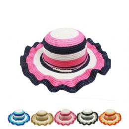 72 Wholesale Ladies Striped Summer Hat With Ruffled Brim Assorted Color
